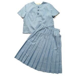 Jonathan Logan 2 Piece Top Pleated Skirt Blue Gingham Plaid 1960s Vintage Small